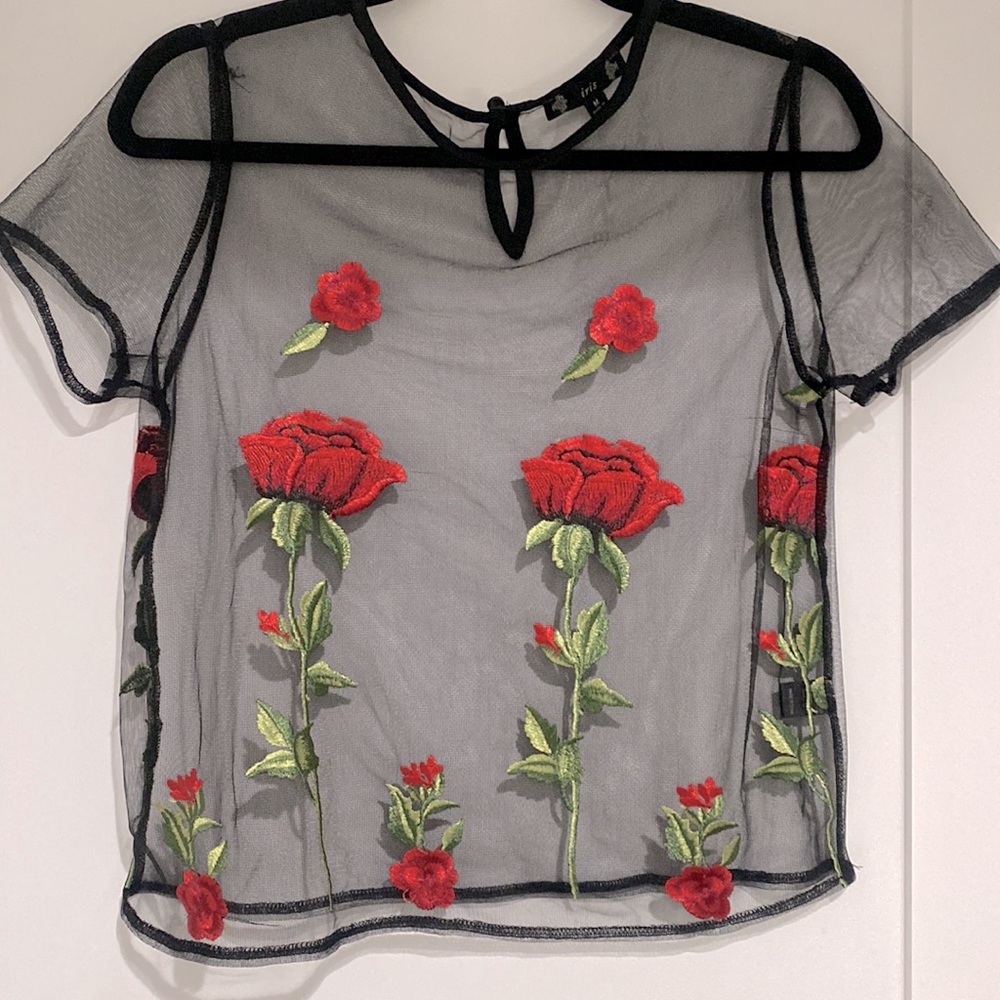Iris top, with sheer rose embroidery